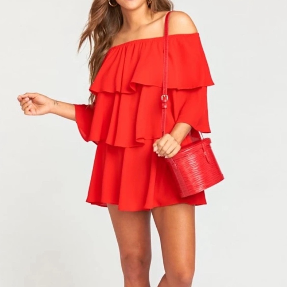 Show ME Your Mumu triple decker red ruffle off the shoulder romper Size XS